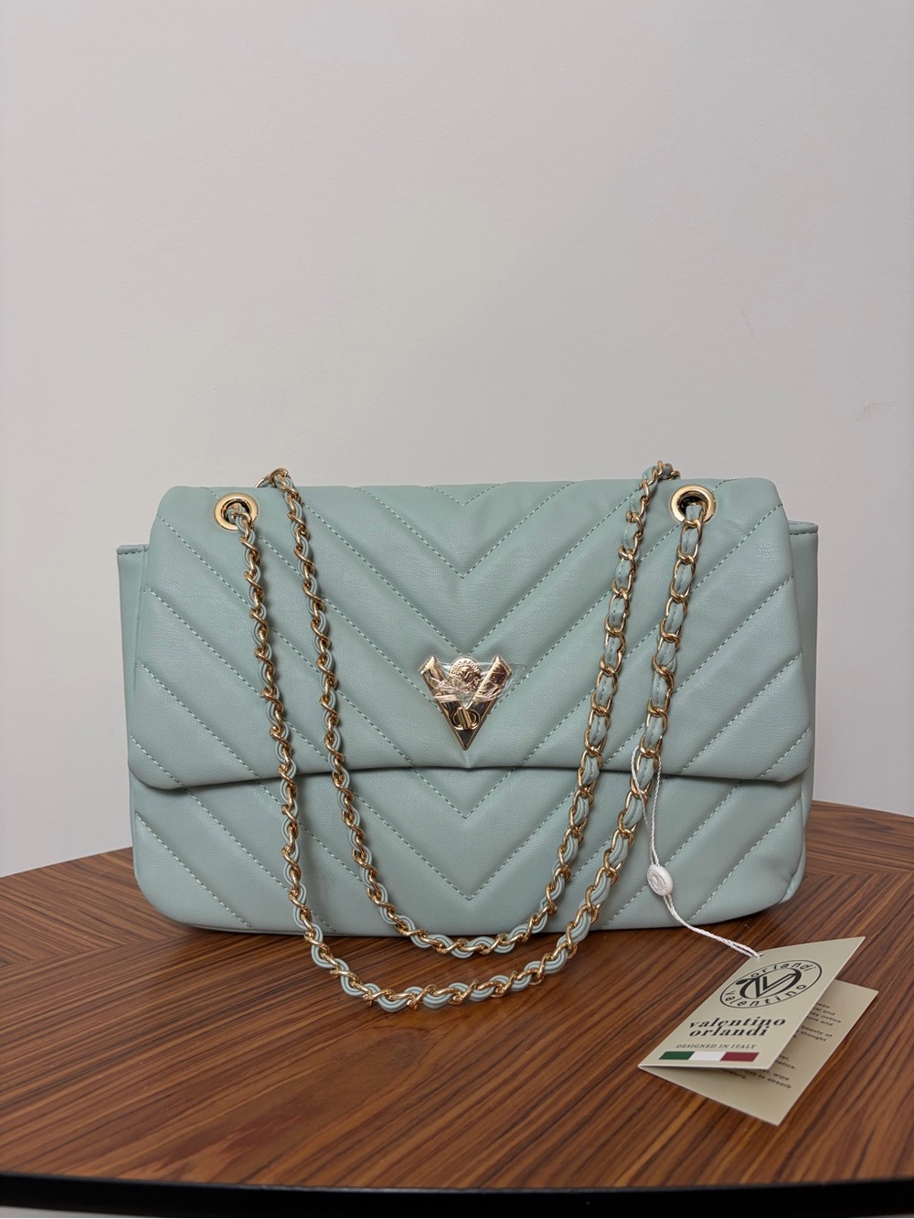 Valentino Orlandi Quilted Mint Chain Shoulder Bag with Gold Hardware